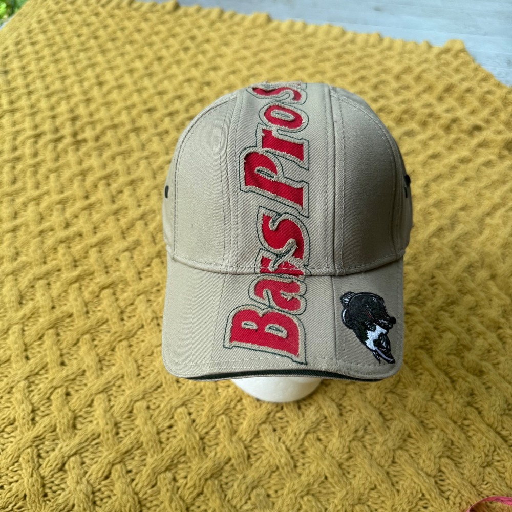 Bass Pro Shops Fishing Hat Khaki Tan Red Vertical Logo Embroidered Baseball Cap